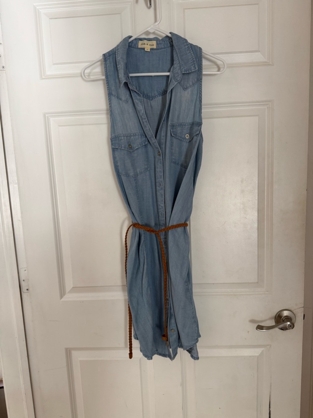 Cloth & Stone Light Blue Denim Sleeveless Shirt Dress with Braided Brown Belt